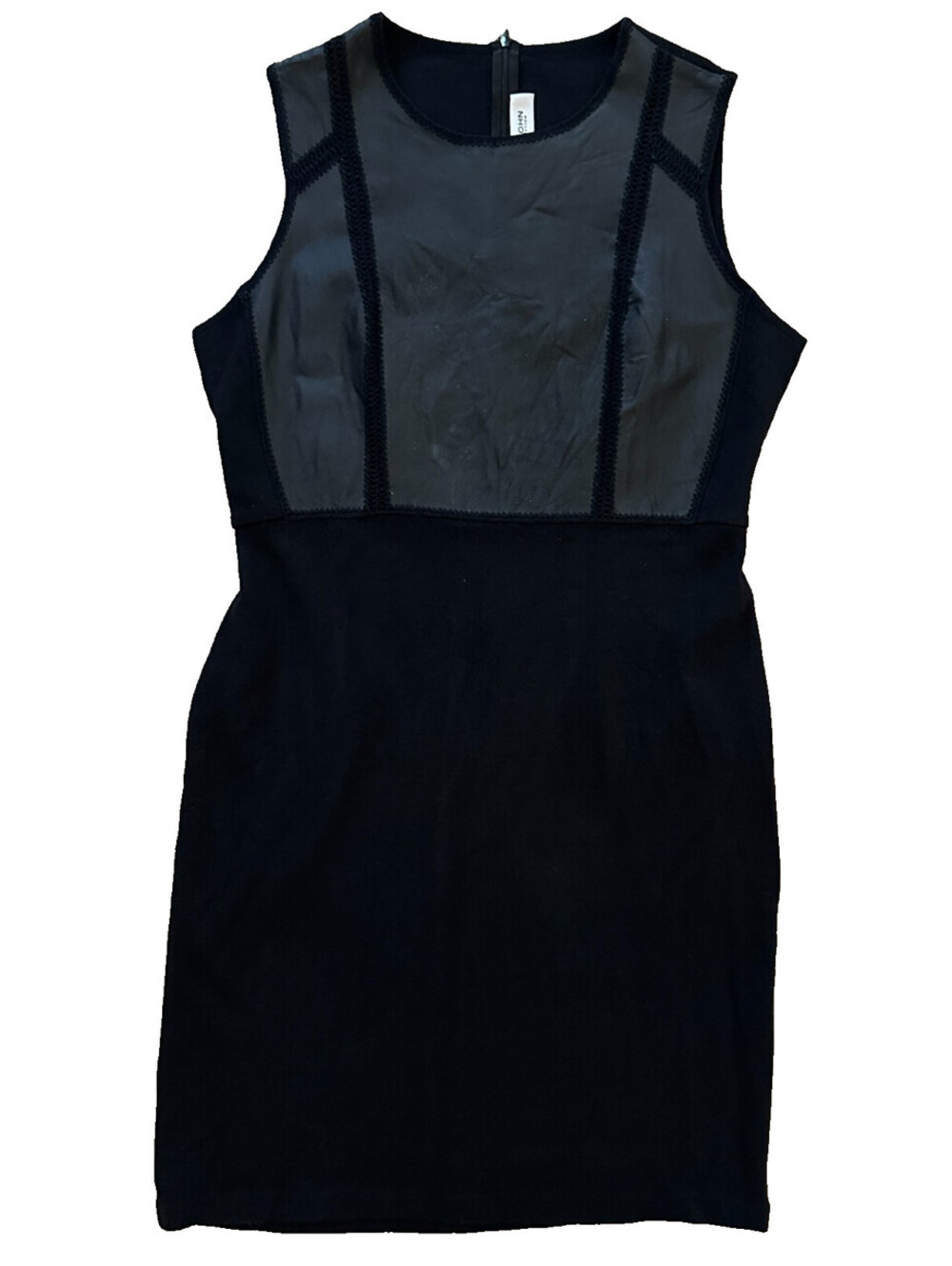 St. John Collection Black Wool Knit Dress Front Leather Panel Sleeveless 16
